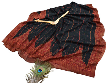 Indian Vintage Heavy Black Dupatta Pure Crepe Silk Long Stole Hand Embroidered Printed Designer By Ritu Kumar Scarves Scarf Zari