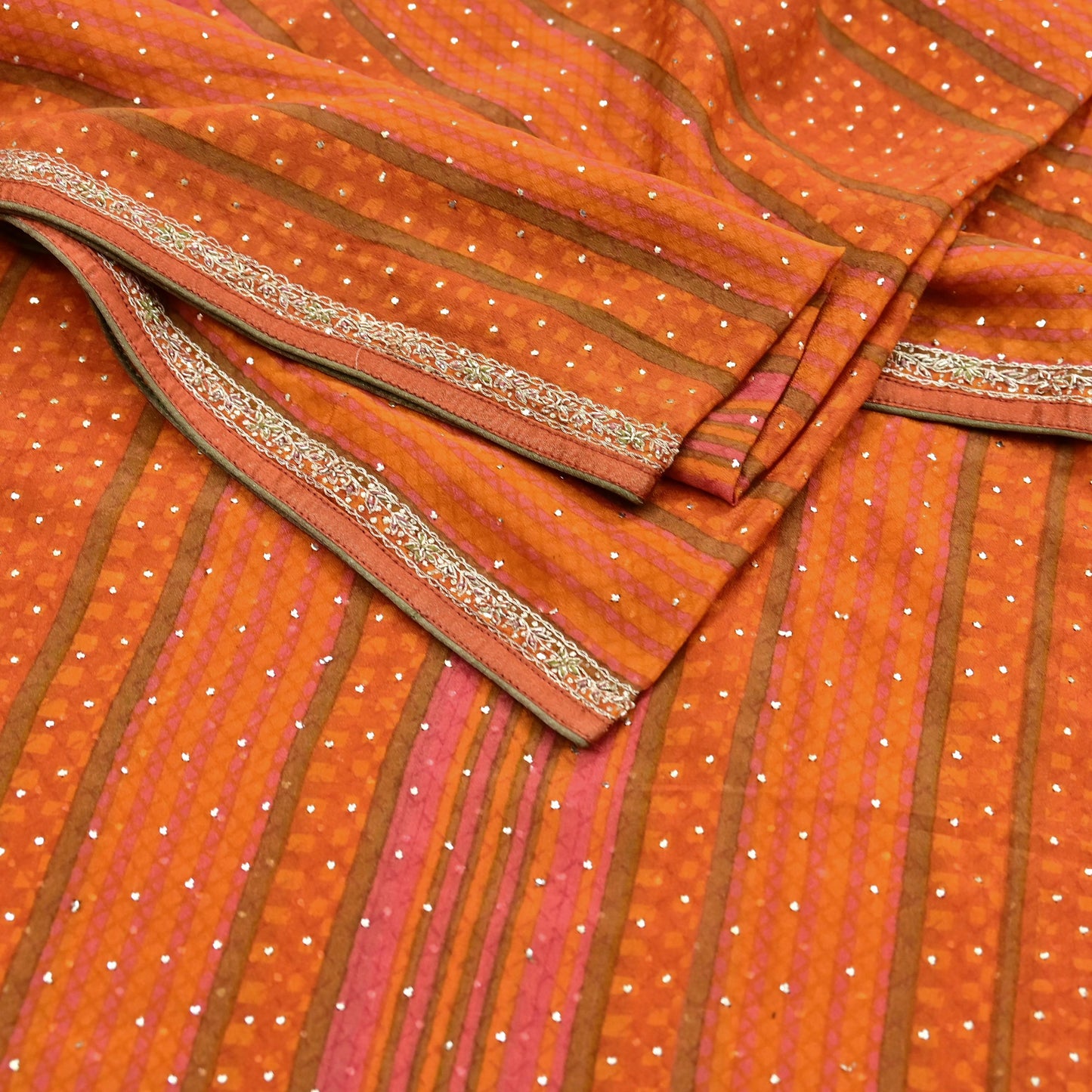 Indian Vintage Saffron & Orange Dupatta Pure Silk Long Stole Hand Embroidered Mukesh Designer By Ritu Kumar Scarves Scarf Zari Zardozi