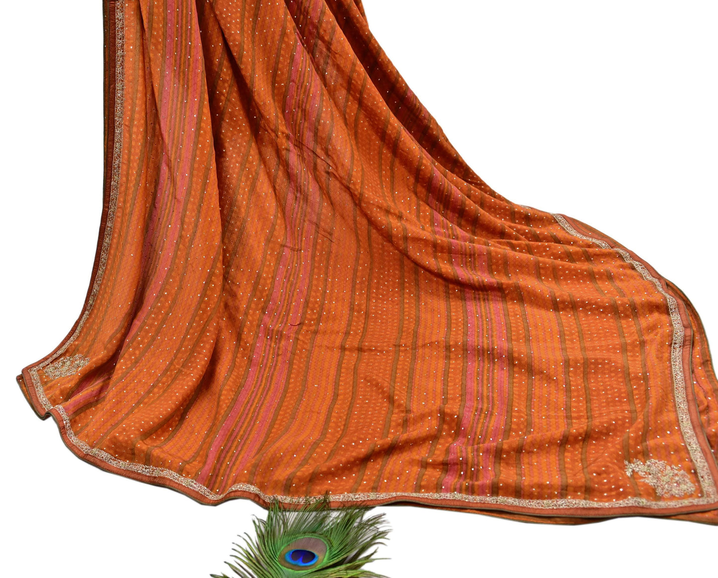 Indian Vintage Saffron & Orange Dupatta Pure Silk Long Stole Hand Embroidered Mukesh Designer By Ritu Kumar Scarves Scarf Zari Zardozi