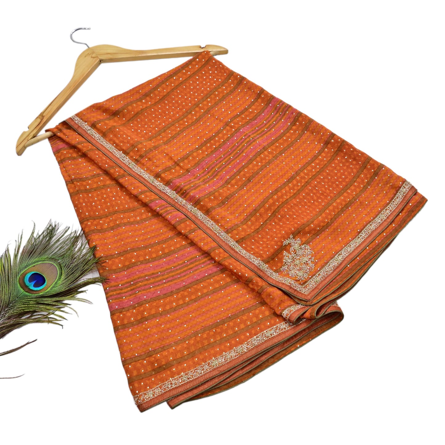 Indian Vintage Saffron & Orange Dupatta Pure Silk Long Stole Hand Embroidered Mukesh Designer By Ritu Kumar Scarves Scarf Zari Zardozi