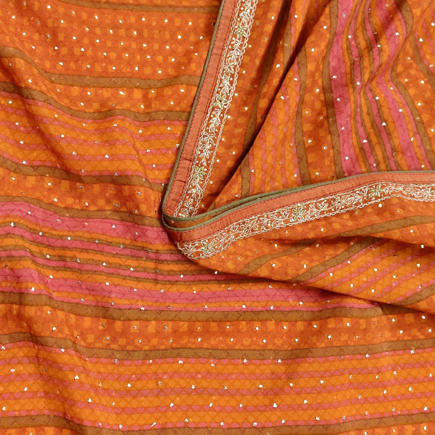 Indian Vintage Saffron & Orange Dupatta Pure Silk Long Stole Hand Embroidered Mukesh Designer By Ritu Kumar Scarves Scarf Zari Zardozi
