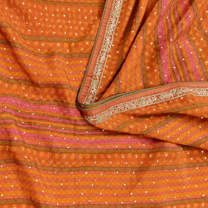 Indian Vintage Saffron & Orange Dupatta Pure Silk Long Stole Hand Embroidered Mukesh Designer By Ritu Kumar Scarves Scarf Zari Zardozi