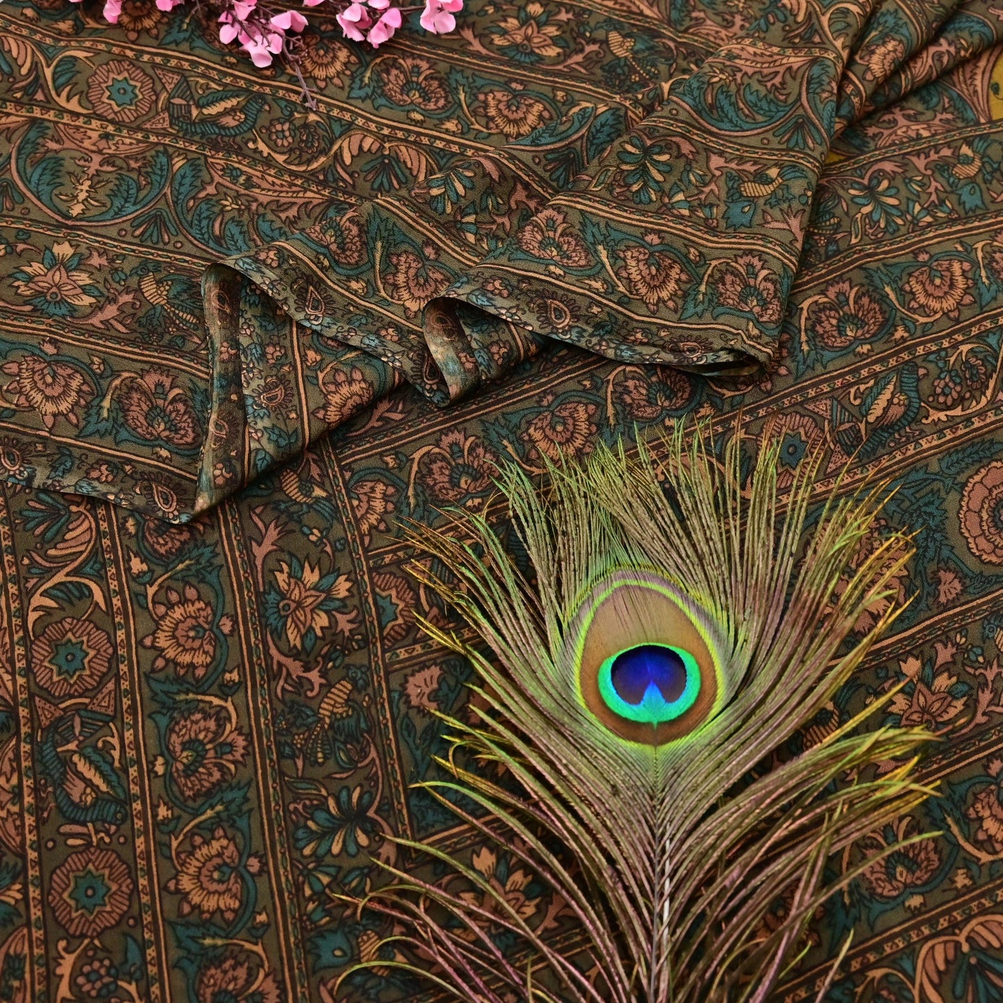 Indian Vintage Heavy Green Dupatta Pure Crepe Silk Long Stole Hand Embroidered Printed Designer By Ritu Kumar Scarves Scarf
