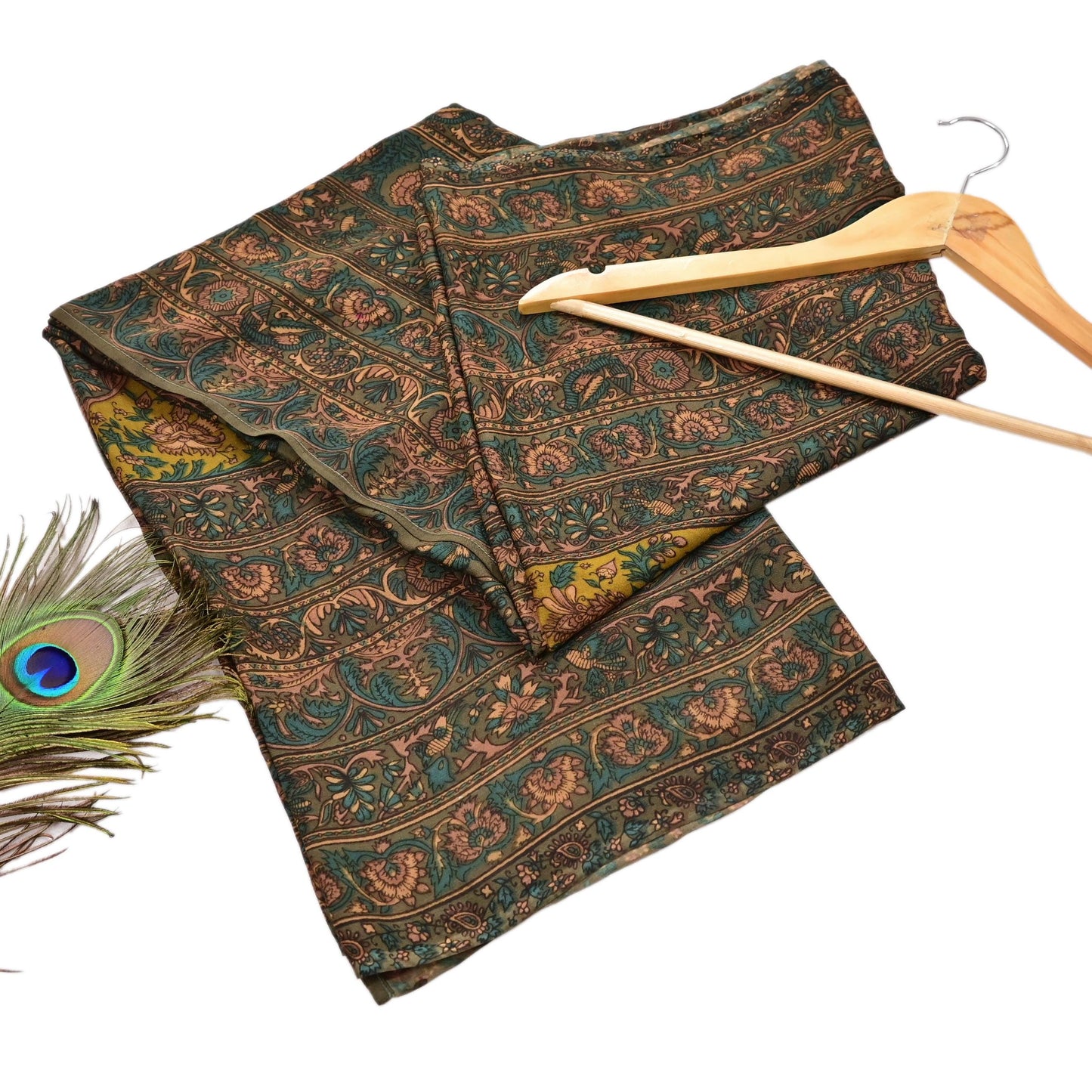 Indian Vintage Heavy Green Dupatta Pure Crepe Silk Long Stole Hand Embroidered Printed Designer By Ritu Kumar Scarves Scarf