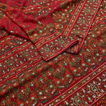 Indian Vintage Heavy Red Dupatta Pure Silk Long Stole Hand Embroidered Designer By Ritu Kumar Scarves Scarf Zari Zardozi