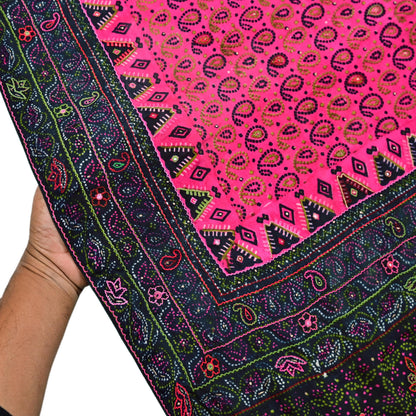 Indian Vintage Heavy Black & Pink Dupatta Pure Silk Long Stole Hand Embroidered Designer By Ritu Kumar Scarves Scarf Zari
