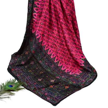 Indian Vintage Heavy Black & Pink Dupatta Pure Silk Long Stole Hand Embroidered Designer By Ritu Kumar Scarves Scarf Zari