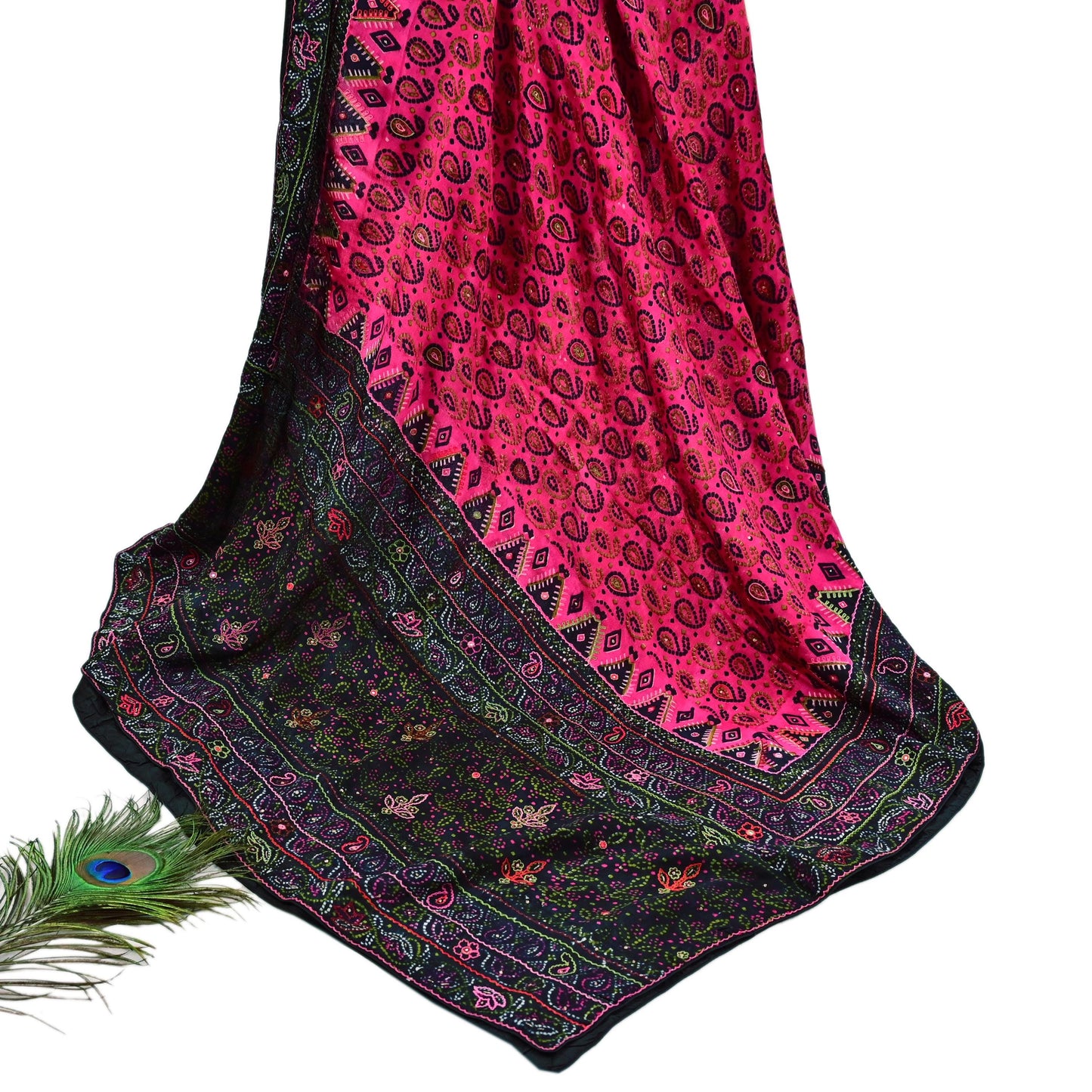 Indian Vintage Heavy Black & Pink Dupatta Pure Silk Long Stole Hand Embroidered Designer By Ritu Kumar Scarves Scarf Zari