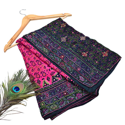 Indian Vintage Heavy Black & Pink Dupatta Pure Silk Long Stole Hand Embroidered Designer By Ritu Kumar Scarves Scarf Zari