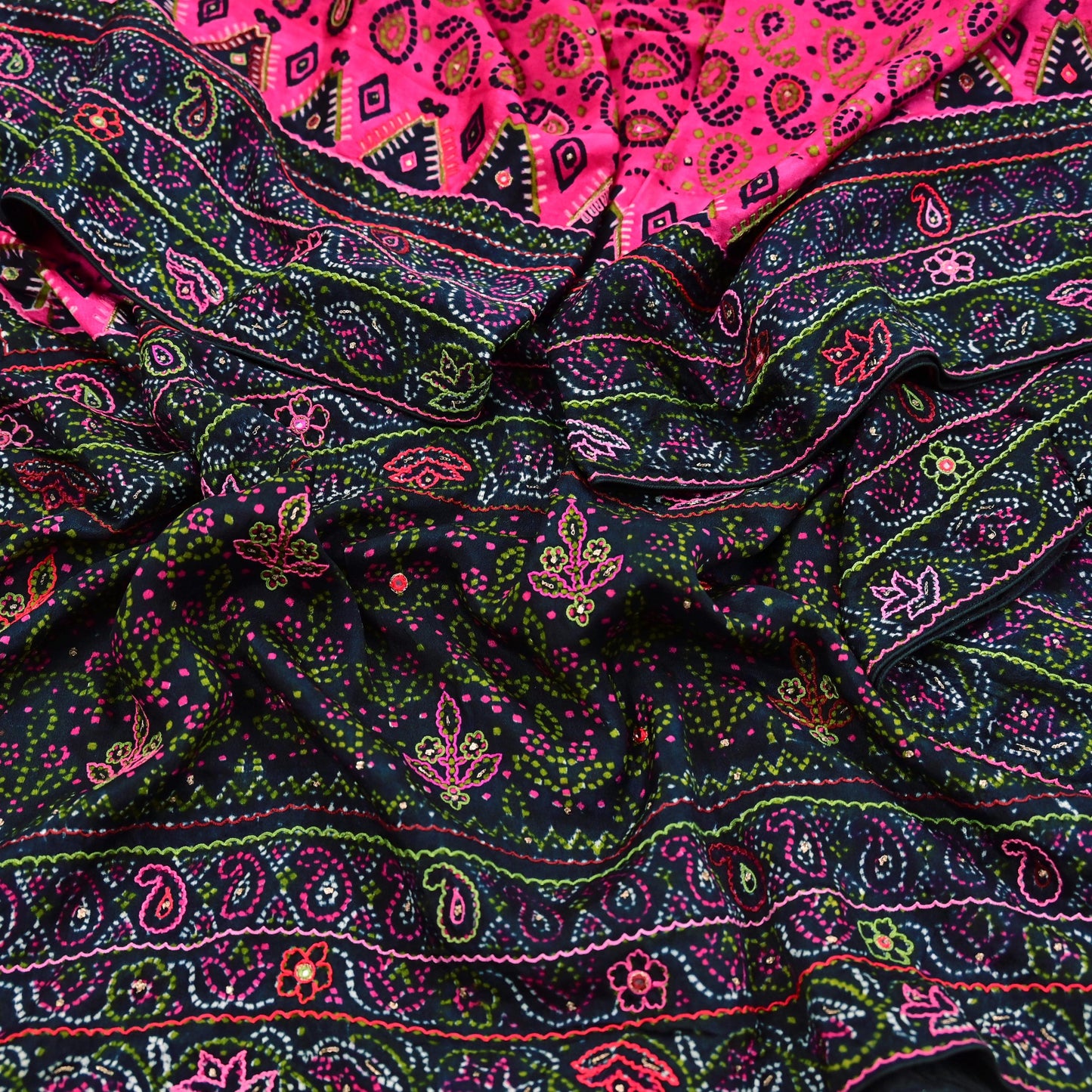 Indian Vintage Heavy Black & Pink Dupatta Pure Silk Long Stole Hand Embroidered Designer By Ritu Kumar Scarves Scarf Zari