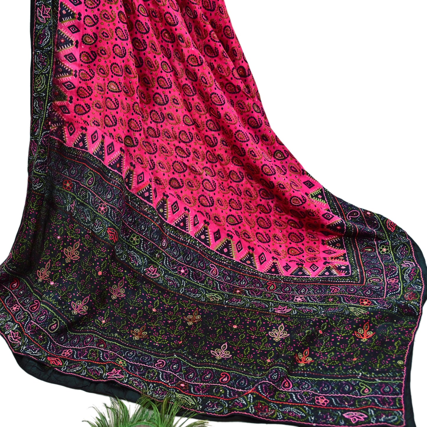 Indian Vintage Heavy Black & Pink Dupatta Pure Silk Long Stole Hand Embroidered Designer By Ritu Kumar Scarves Scarf Zari