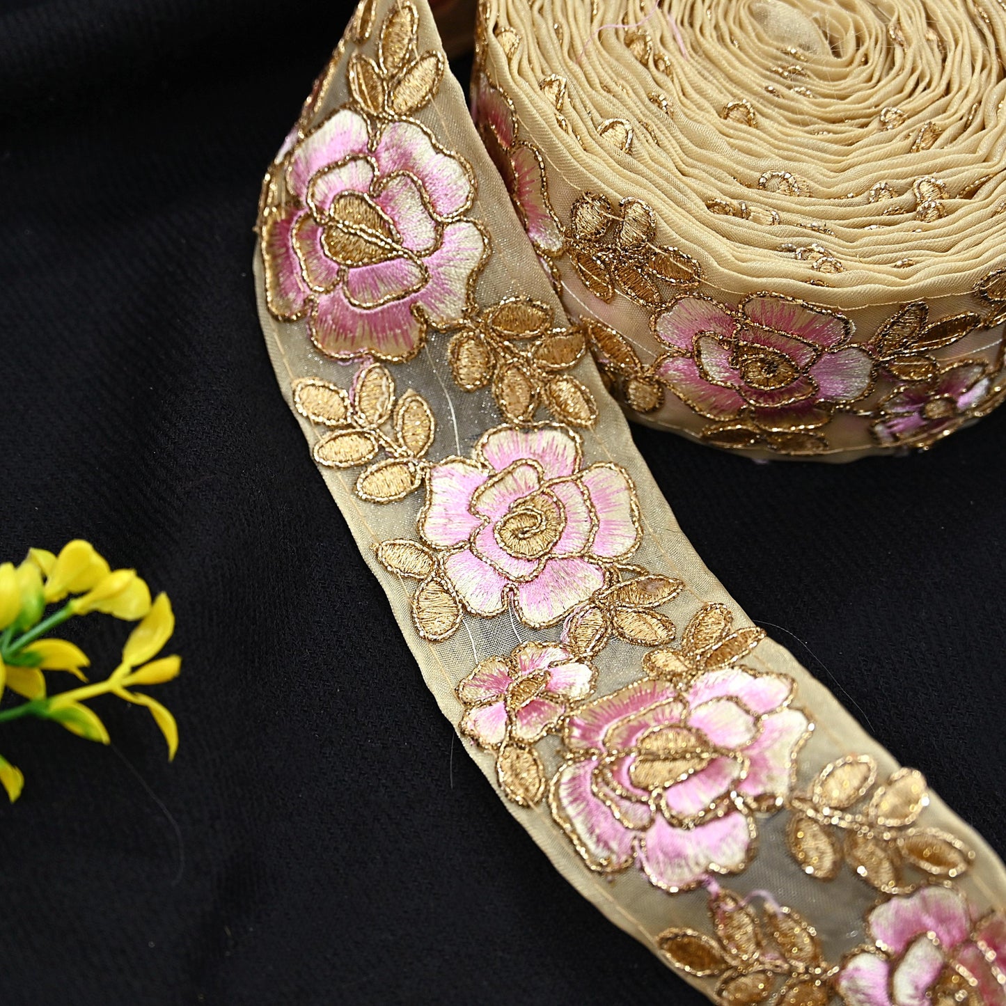 Indian New Organza Beige Border 7Yd Embroidered Lace Trim Sewing Craft Ribbon Dress Decor