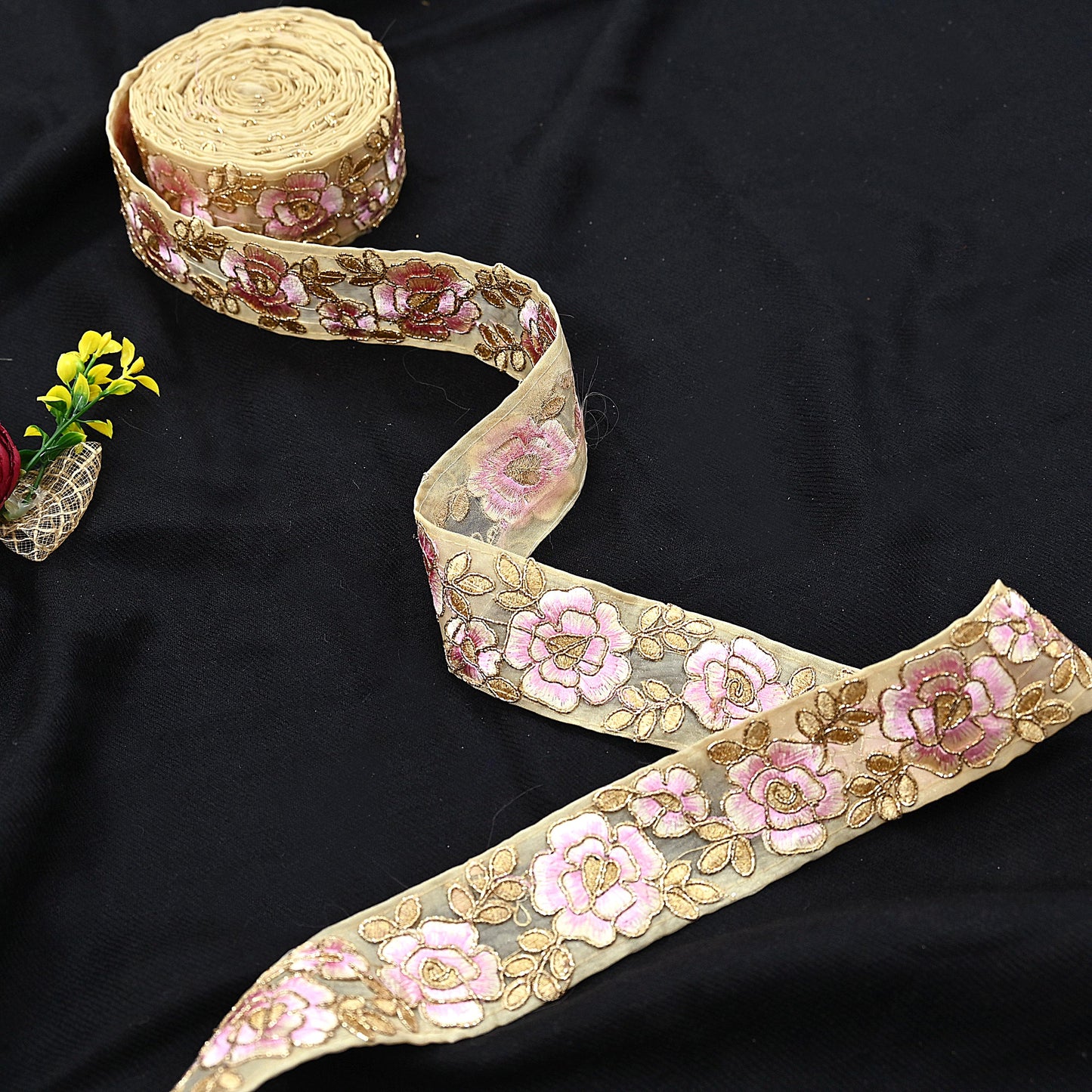Indian New Organza Beige Border 7Yd Embroidered Lace Trim Sewing Craft Ribbon Dress Decor