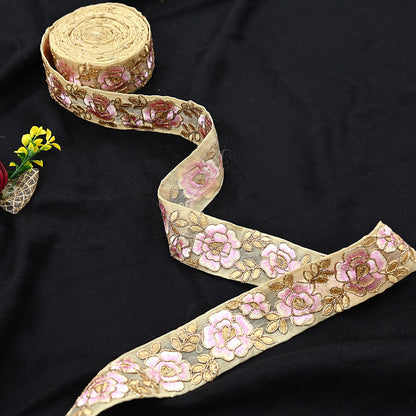 Indian New Organza Beige Border 7Yd Embroidered Lace Trim Sewing Craft Ribbon Dress Decor