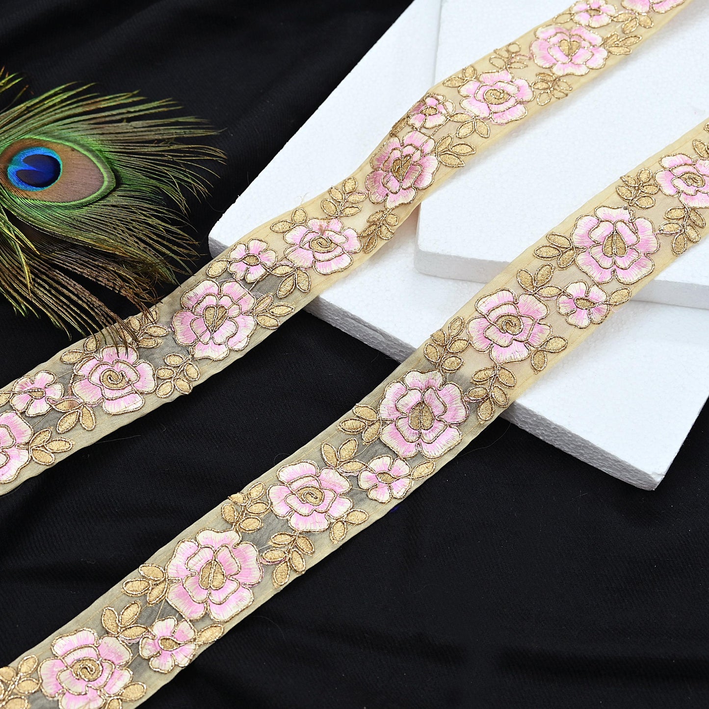 Indian New Organza Beige Border 7Yd Embroidered Lace Trim Sewing Craft Ribbon Dress Decor