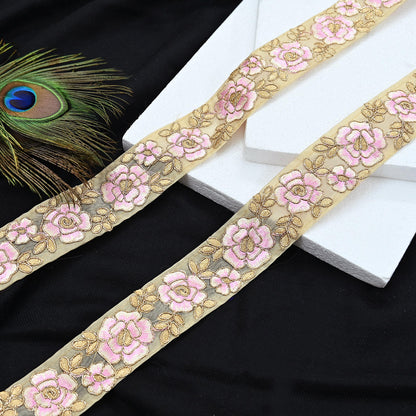 Indian New Organza Beige Border 7Yd Embroidered Lace Trim Sewing Craft Ribbon Dress Decor