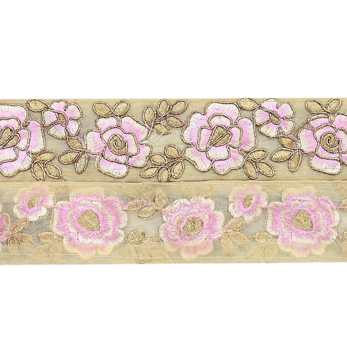 Indian New Organza Beige Border 7Yd Embroidered Lace Trim Sewing Craft Ribbon Dress Decor