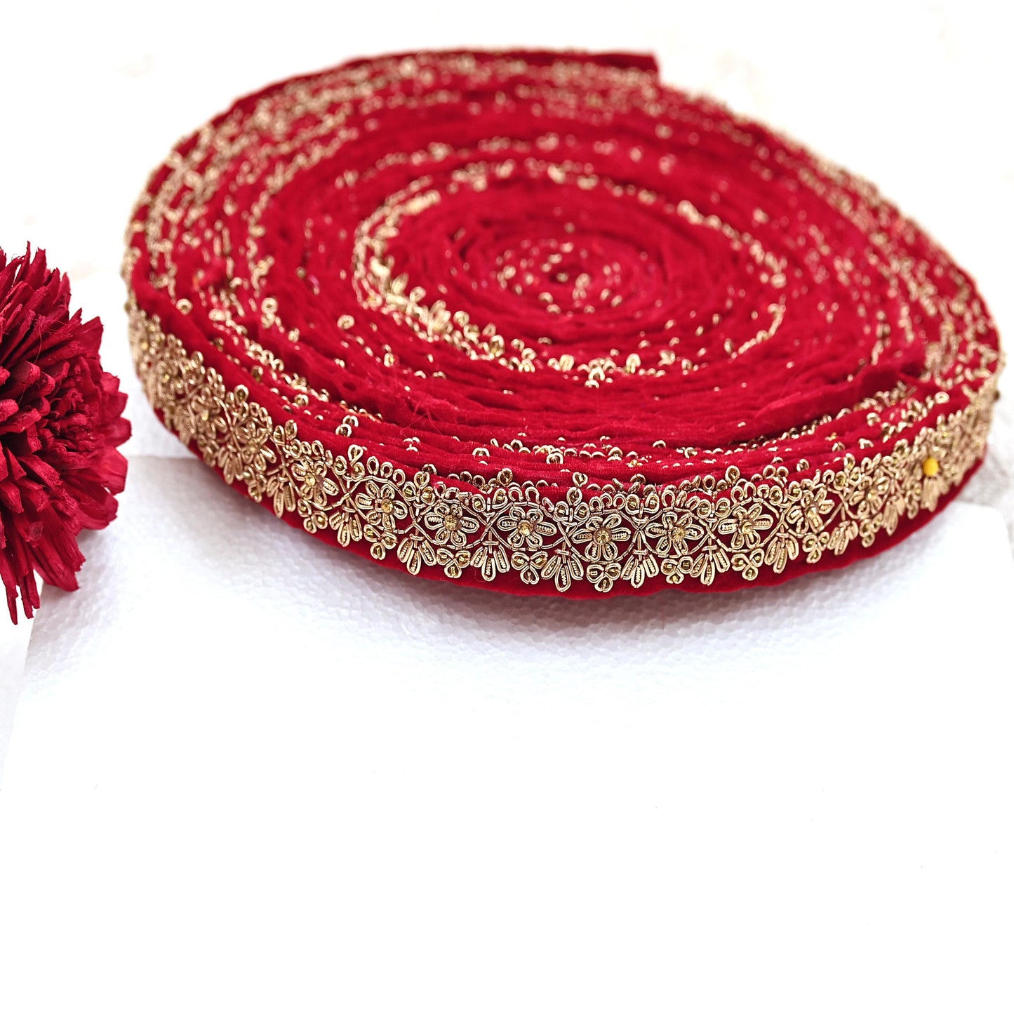 Indian Red Velvet Sari Border 1Yd Hand Embroidered Dabka Lace Trim Sewing Craft Ribbon Dress Decor