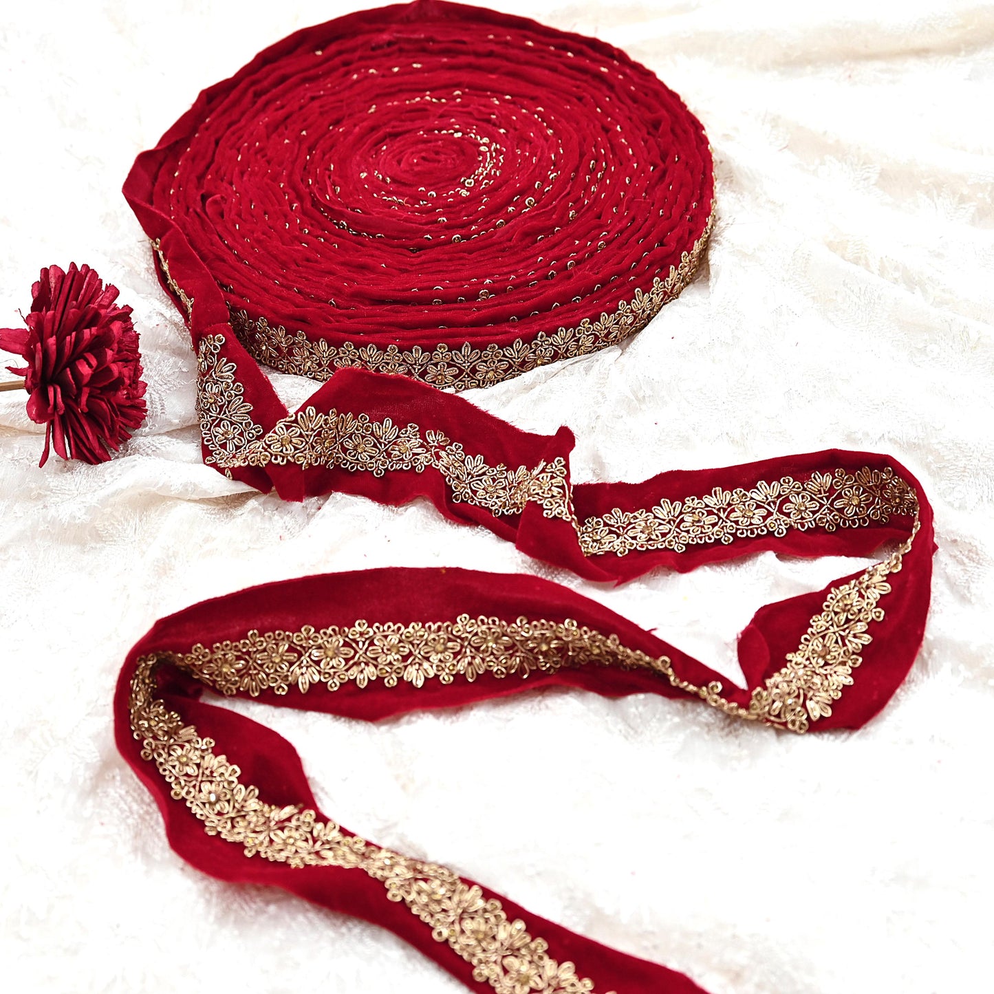 Indian Red Velvet Sari Border 1Yd Hand Embroidered Dabka Lace Trim Sewing Craft Ribbon Dress Decor