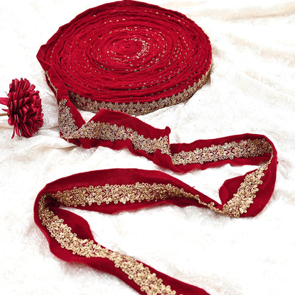 Indian Red Velvet Sari Border 1Yd Hand Embroidered Dabka Lace Trim Sewing Craft Ribbon Dress Decor