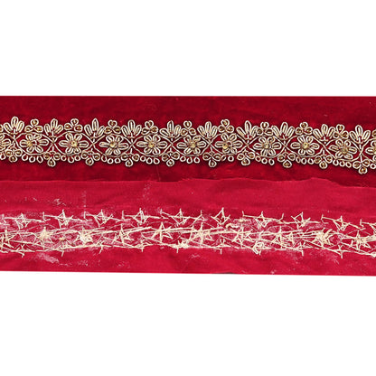 Indian Red Velvet Sari Border 1Yd Hand Embroidered Dabka Lace Trim Sewing Craft Ribbon Dress Decor
