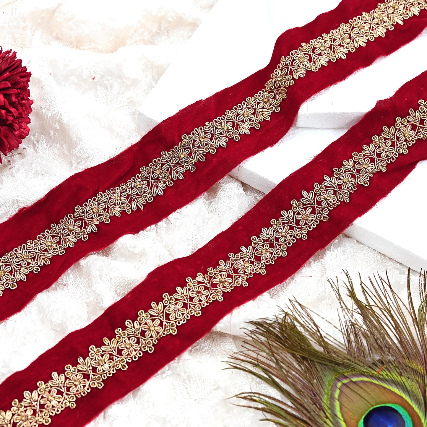 Indian Red Velvet Sari Border 1Yd Hand Embroidered Dabka Lace Trim Sewing Craft Ribbon Dress Decor