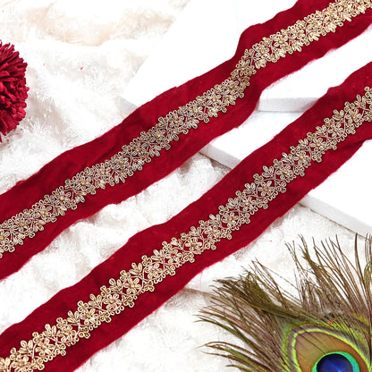 Indian Red Velvet Sari Border 1Yd Hand Embroidered Dabka Lace Trim Sewing Craft Ribbon Dress Decor