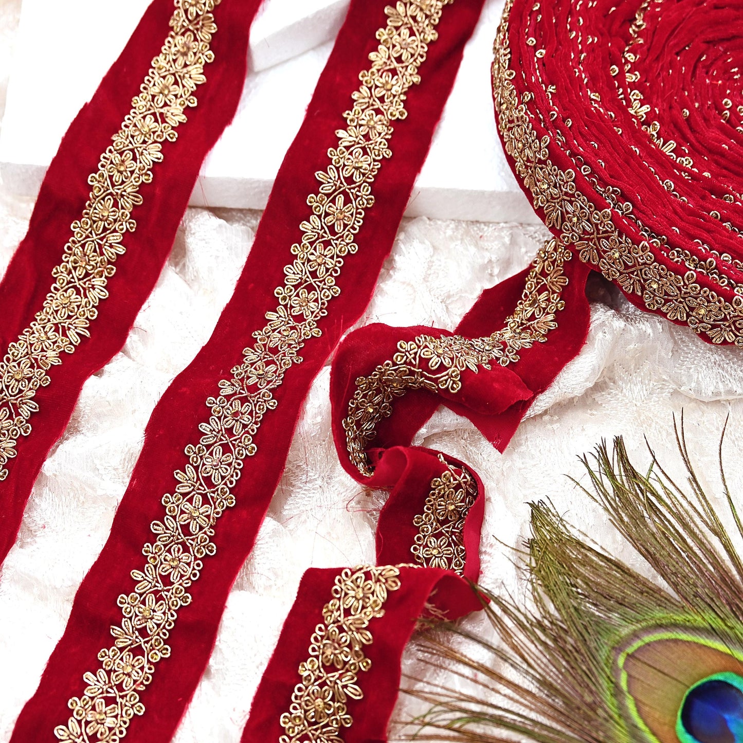 Indian Red Velvet Sari Border 1Yd Hand Embroidered Dabka Lace Trim Sewing Craft Ribbon Dress Decor
