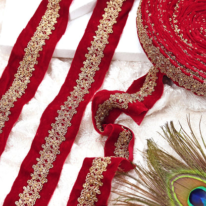 Indian Red Velvet Sari Border 1Yd Hand Embroidered Dabka Lace Trim Sewing Craft Ribbon Dress Decor