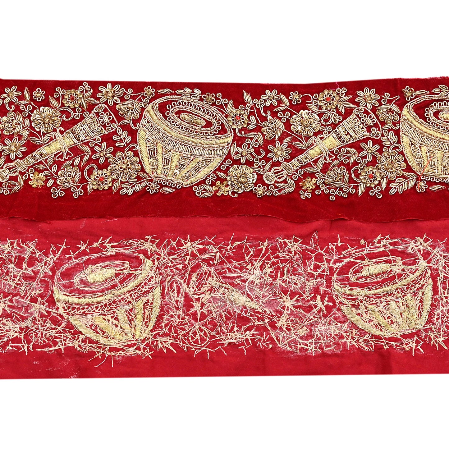 Indian Red Velvet Sari Border 1Yd Hand Embroidered Dabka Lace Trim Sewing Craft Ribbon Dress Decor