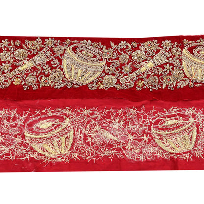 Indian Red Velvet Sari Border 1Yd Hand Embroidered Dabka Lace Trim Sewing Craft Ribbon Dress Decor