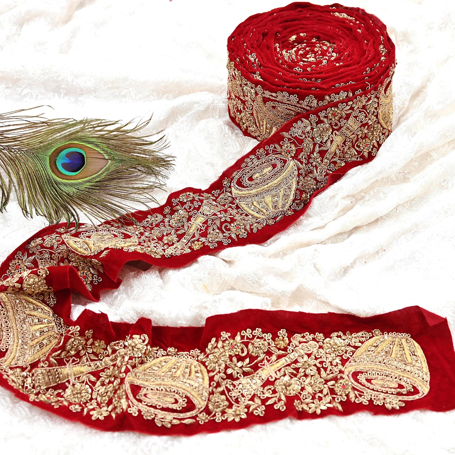 Indian Red Velvet Sari Border 1Yd Hand Embroidered Dabka Lace Trim Sewing Craft Ribbon Dress Decor