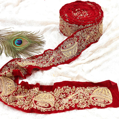 Indian Red Velvet Sari Border 1Yd Hand Embroidered Dabka Lace Trim Sewing Craft Ribbon Dress Decor