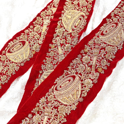 Indian Red Velvet Sari Border 1Yd Hand Embroidered Dabka Lace Trim Sewing Craft Ribbon Dress Decor