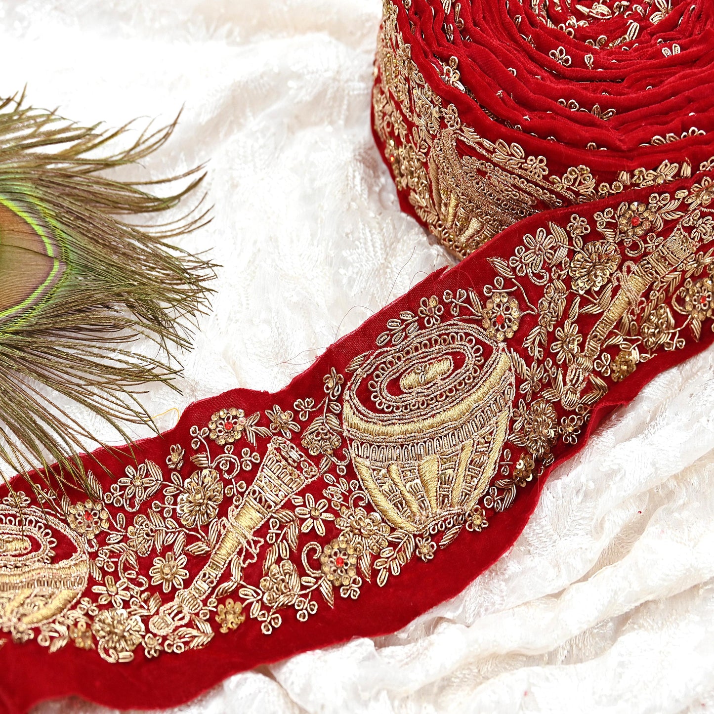 Indian Red Velvet Sari Border 1Yd Hand Embroidered Dabka Lace Trim Sewing Craft Ribbon Dress Decor