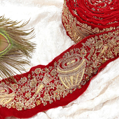 Indian Red Velvet Sari Border 1Yd Hand Embroidered Dabka Lace Trim Sewing Craft Ribbon Dress Decor
