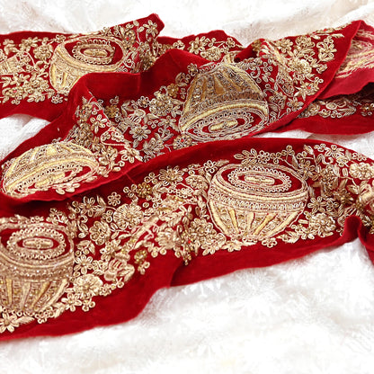Indian Red Velvet Sari Border 1Yd Hand Embroidered Dabka Lace Trim Sewing Craft Ribbon Dress Decor