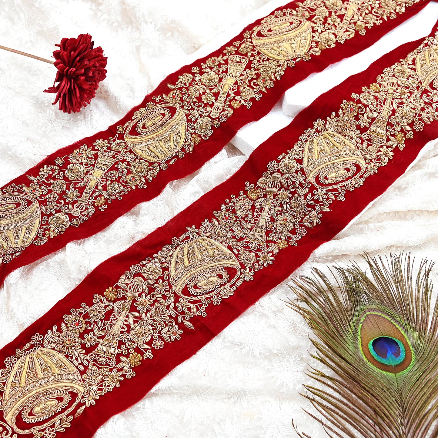 Indian Red Velvet Sari Border 1Yd Hand Embroidered Dabka Lace Trim Sewing Craft Ribbon Dress Decor