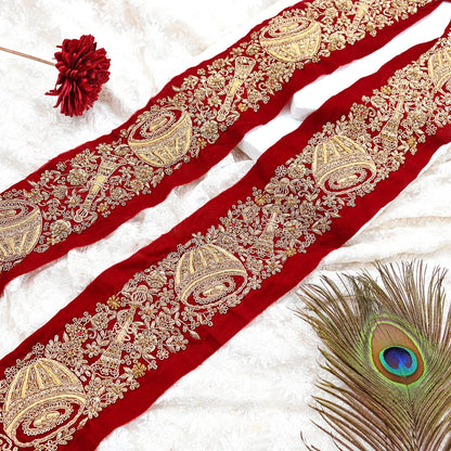 Indian Red Velvet Sari Border 1Yd Hand Embroidered Dabka Lace Trim Sewing Craft Ribbon Dress Decor