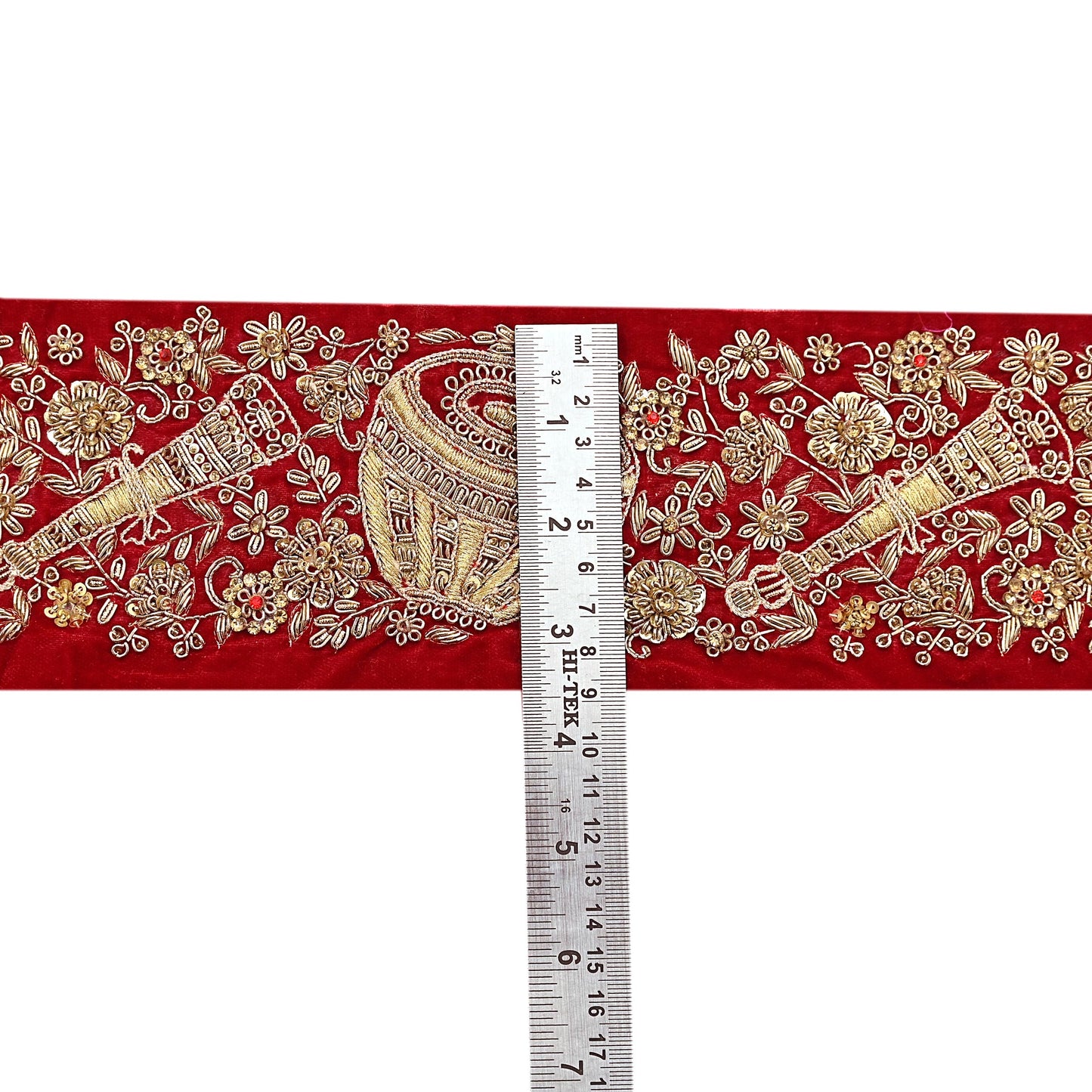 Indian Red Velvet Sari Border 1Yd Hand Embroidered Dabka Lace Trim Sewing Craft Ribbon Dress Decor