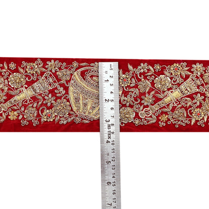 Indian Red Velvet Sari Border 1Yd Hand Embroidered Dabka Lace Trim Sewing Craft Ribbon Dress Decor