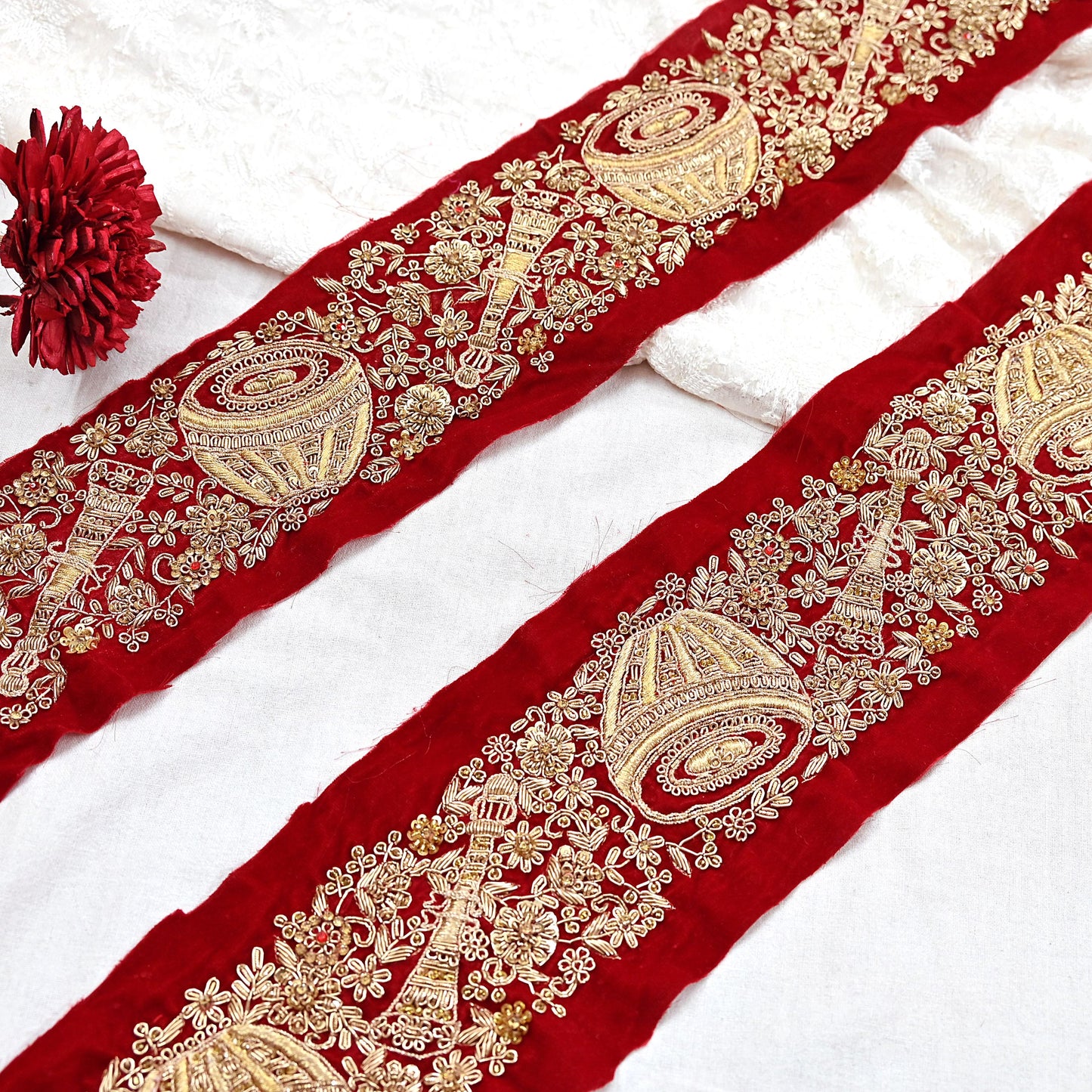 Indian Red Velvet Sari Border 1Yd Hand Embroidered Dabka Lace Trim Sewing Craft Ribbon Dress Decor