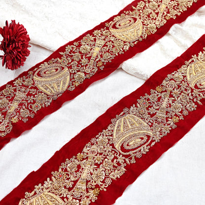 Indian Red Velvet Sari Border 1Yd Hand Embroidered Dabka Lace Trim Sewing Craft Ribbon Dress Decor