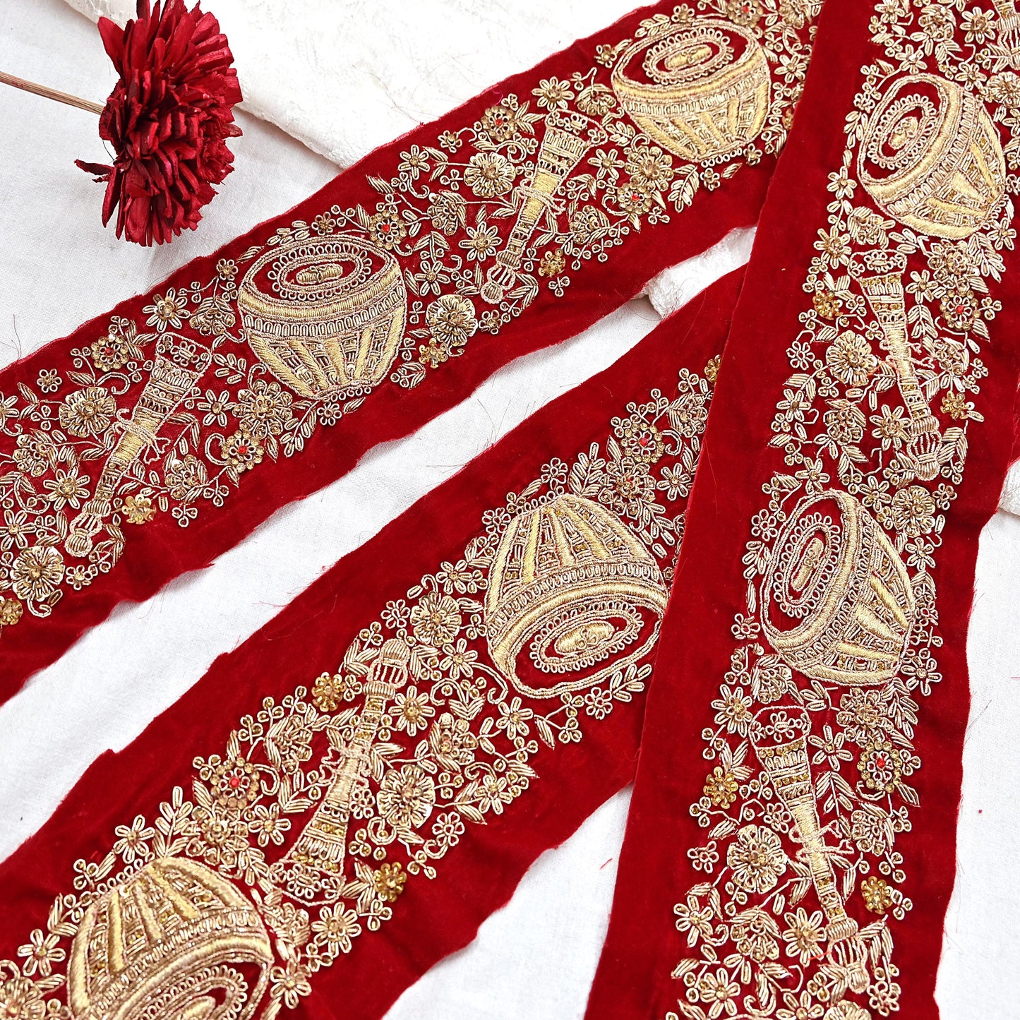 Indian Red Velvet Sari Border 1Yd Hand Embroidered Dabka Lace Trim Sewing Craft Ribbon Dress Decor