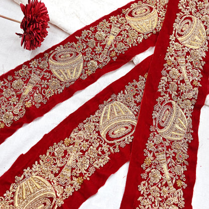 Indian Red Velvet Sari Border 1Yd Hand Embroidered Dabka Lace Trim Sewing Craft Ribbon Dress Decor