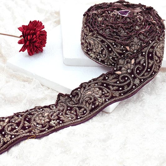 Indian Vintage Maroon Sari Border Hand Embroidered Craft Trim Lace Sewing Sari Ribbon Velvet 1yards Dress making Dress Designing Decor Dabka