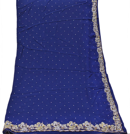 Indian Vintage Blue Dupatta Pure Georgette silk Long Stole Hand Embroidered Scarves Stole Veil Wrap Sequins