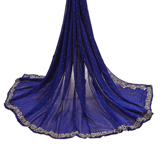 Indian Vintage Blue Dupatta Pure Georgette silk Long Stole Hand Embroidered Scarves Stole Veil Wrap Sequins
