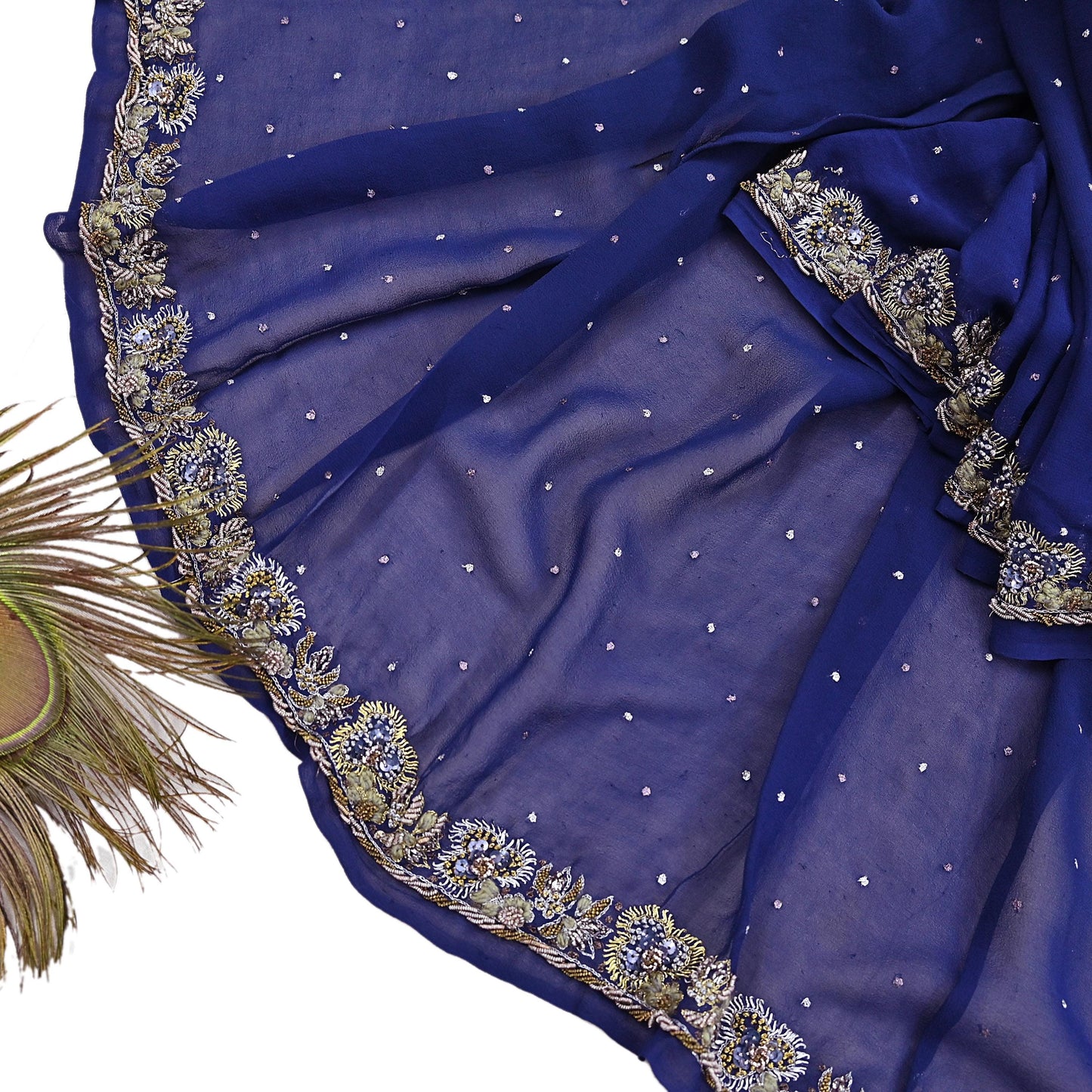 Indian Vintage Blue Dupatta Pure Georgette silk Long Stole Hand Embroidered Scarves Stole Veil Wrap Sequins