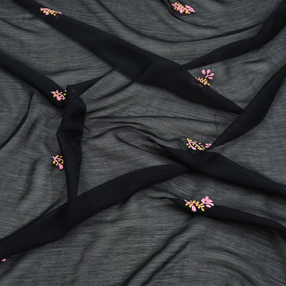 Indian Vintage Dupatta Black Georgette Long Stole Hand Embroidered Chikankari Stole Floral Scarf Scarves